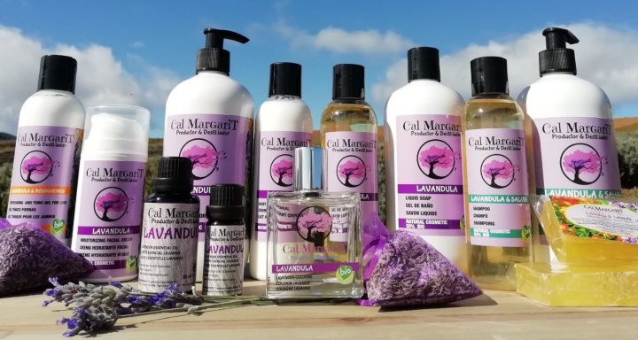 Productos de cuidado personal con aroma a lavanda, incluyendo champús y aceites.