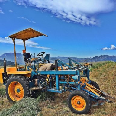 Tractor amarillo y azul trabajando en un campo con montañas al fondo.